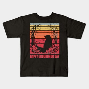 Retro Happy Groundhog Day 2024 Vintage Sunset Funny Holiday Kids T-Shirt